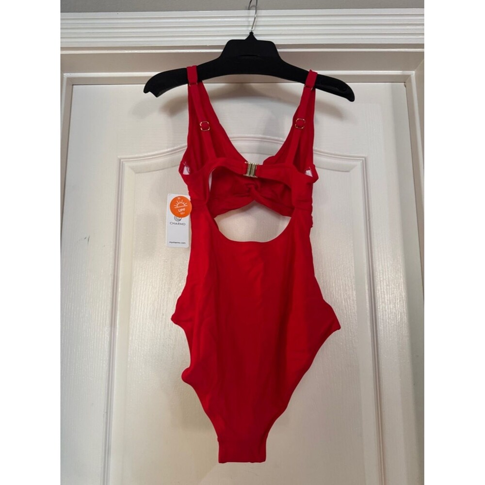 Charmo One Piece Swimsuit Cutout Red High Waisted Monokini Red Medium NWT - Picture 4 of 10
